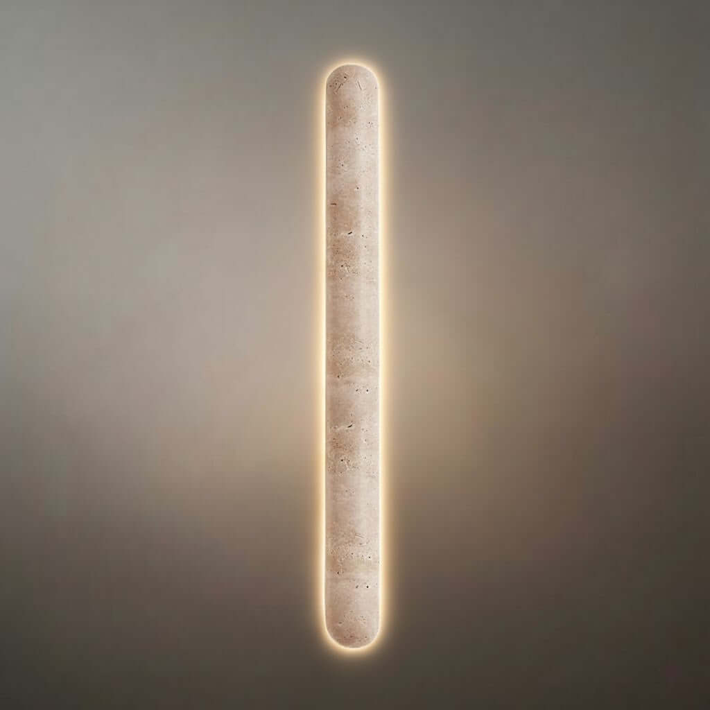 Travertine Pillar Wall Lamp — Slender Carved Stone with Back Glow
